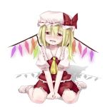  blonde_hair fangs flandre_scarlet gessuiyuu hat head_tilt ponytail red_eyes shadow short_hair side_ponytail simple_background sitting socks solo tears touhou tsukumizu_yuu wariza wings 