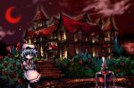  1girl 3speed blue_hair brick_wall bush bushes clock clock_tower crescent_moon cup dark flower fountain mansion moon night night_sky red_eyes red_moon red_rose remilia_scarlet rose scarlet_devil_mansion short_hair sky solo standing teacup touhou tower wink 