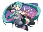  :d aqua_eyes aqua_hair armpits blush boots caffein detached_sleeves excited foreshortening hatsune_miku headphones headset highres jumping long_hair necktie open_mouth skirt smile solo thigh-highs thigh_boots thighhighs twintails very_long_hair vocaloid zettai_ryouiki 