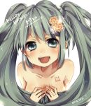  aqua_hair bare_shoulders blush flower hair_flower hair_ornament hatsune_miku long_hair mata nude smile twintails very_long_hair vocaloid 