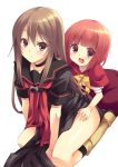  :d :o akai_ringo bob_cut boots bow brown_eyes brown_hair choker hand_on_thigh highres kneeling legs long_hair multiple_girls nanashi_(soregashi) ookami-san ookami-san_to_shichinin_no_nakamatachi ookami_ryouko open_mouth pink_hair school_uniform serafuku short_hair simple_background sitting smile wariza 