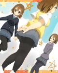  brown_eyes brown_hair dutch_angle gray_pantyhose hair_ornament hairclip hirasawa_yui k-on! legs multiple_persona nasuna pantyhose pentagram plaid school_uniform short_hair skirt sweater_vest tartan thighs upskirt 