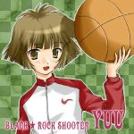  basketball black_rock_shooter blunt_bangs bob_cut brown_eyes brown_hair checkered koutari_yuu nike raglan_sleeves shigunyu short_hair smile 