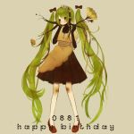  :p apron bad_id dress elbow_gloves flower green_eyes green_hair hair_ribbon hairband happy_birthday hatsune_miku headset highres long_hair meisa plant pleated_skirt ribbon roots shoes solo standing tongue turtleneck twintails very_long_hair vocaloid 