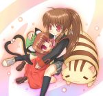  animal_ears brown_hair cat cat_ears cat_tail chen crossover heart heart_tail kotonoha_(pixiv) little_busters!! multiple_girls multiple_tails natsume_rin ponytail red_eyes school_uniform tail touhou 