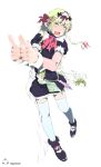  ahara_nono blurry bow foreshortening hair_bow hands legs original pointing ribbon simple_background solo takano_kou thighhighs 