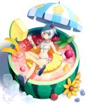  bracelet cup flower food front-tie_top fruit hair_flower hair_ornament highres ice in_container in_cup in_food jewelry legs mauve minigirl necklace parasol pineapple polka_dot polka_dot_bikini polka_dot_swimsuit ponytail sandals side-tie_bikini swimsuit umbrella watermelon 