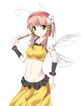  antennae brown_eyes brown_hair crop_top fan flower hair_flower hair_ornament hair_tubes hairband light_brown_hair midriff mound_of_venus mozya original parody pink_hair skirt smile solo style_parody touhou wings 