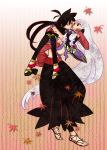  carrying height_difference japanese_clothes katanagatari leaf long_hair maple_leaf princess_carry red_eyes sandals thigh-highs thighhighs toeless_socks togame very_long_hair white_hair yasuri_shichika 