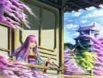  bird castle cctv008008 cherry_blossoms east_asian_architecture green_eyes japanese_clothes long_hair purple_hair tree 