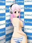  1girl bikini blush breasts headphones highres large_breasts long_hair looking_at_viewer looking_back nitroplus open_mouth pink_hair red_eyes solo super_sonico swimsuit 