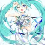  aqua_hair blue_eyes bouquet choker cosmos dress flower hatsune_miku highres long_hair simple_background smile solo twintails very_long_hair vocaloid wink 