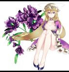  breasts cleavage colored_eyelashes elbow_gloves eyelashes floral_background flower gloves hat highres legs light_smile long_hair purple_eyes shinoi sitting touhou violet_eyes yakumo_yukari 