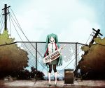  amplifier aqua_hair arisaka_ako bracelet cable chainlink_fence cloud hatsune_miku highres instrument jewelry keyboard_(instrument) long_hair necktie power_lines ruins skirt sky solo telephone_pole twintails very_long_hair vocaloid 