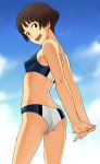  1girl ass bikini brown_eyes brown_hair gake_no_ue_no_ponyo ghibli hands hands_clasped interlocked_fingers jas looking_back open_mouth risa_(ponyo) short_hair sky solo studio_ghibli swimsuit 