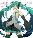  aqua_eyes aqua_hair detached_sleeves happy_birthday hatsune_miku headset highres long_hair mugi_(twinbox) necktie skirt sleeves_past_wrists smile solo standing thigh-highs thighhighs twintails very_long_hair vocaloid zettai_ryouiki 