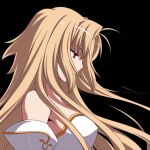  arcueid_brunestud bad_id bare_shoulders blonde_hair detached_sleeves dress face long_hair looking_down melty_blood profile red_eyes solo strapless_dress takeuchi_takashi tsukihime type-moon 