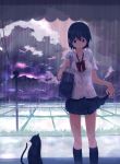  black_cat black_eyes black_hair cat cloud dark_clouds field highres lightning mayuge1017 original power_lines rain school_bag school_uniform short_hair skirt skirt_hold solo storm telephone_pole wet wet_clothes 