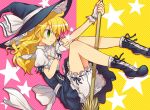  blonde_hair bloomers boots bow broom girotin_ginza green_eyes hair_bow hat kirisame_marisa long_hair smile solo touhou witch witch_hat 