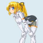 bent_over blonde_hair blue_eyes busou_shinki dd_(artist) doll_joints hands_on_knees leaning_forward long_hair mecha_musume minigirl ponytail simple_background solo 