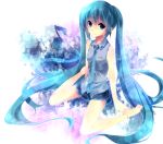  akizuki_mizuho aqua_eyes aqua_hair bad_id barefoot hatsune_miku long_hair necktie skirt smile solo twintails very_long_hair vocaloid 