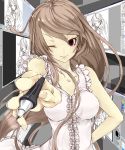  breasts brown_hair dress foreshortening highres muso-comet original pen recursion red_eyes solo 