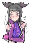  bare_shoulders black_hair bust doru_riheko elbow_gloves gloves glowing_eye han_juri hand_on_own_face red_eyes simple_background solo street_fighter street_fighter_iv tears translation_request twintails white_background 