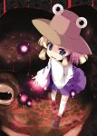  animal blonde_hair blue_eyes child eyes frog from_above fujy hair_ribbon hand_over_mouth hat looking_at_viewer looking_up moriya_suwako over-kneehighs oversized_animal ribbon sleeves_past_wrists solo thighhighs touhou white_legwear 