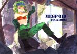  blue_eyes boots clenched_teeth gloves goggles goggles_on_head green_hair gumi highres mouth_hold off_shoulder short_hair solo sono tubetop vocaloid 