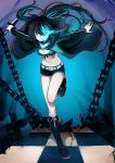 bikini_top black_hair black_rock_shooter black_rock_shooter_(character) blue_eyes boots chain coat fire flame glowing glowing_eyes highres long_hair midriff navel ovos scar shorts smile solo sword weapon 