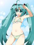  green_eyes green_hair hatsune_miku headphones headset highres long_hair microphone project_diva salute shirogane striped striped_bikini striped_swimsuit swimsuit twintails vocaloid 