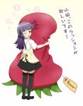  back blush food fruit hina_suzu hug long_hair looking_back open_mouth plush price_tag purple_eyes purple_hair shoes skirt standing star strawberry thigh-highs thighhighs translated translation_request violet_eyes waitress wink working!! yamada_aoi zettai_ryouiki 