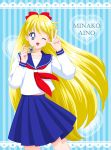  bishoujo_senshi_sailor_moon blonde_hair blue_eyes camera long_hair mizuha_(aqua_no_hane) school_uniform serafuku wink 