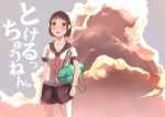  brown_eyes brown_hair cloud clouds duffel_bag original school_uniform serafuku short_hair skirt sky solo sweat utu 