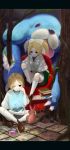  blonde_hair book bunny chair creepy freckles highres kneehighs ocaca_(chocolate-hopper) original rabbit school_uniform science short_hair shorts siblings socks stuffed_animal stuffed_toy test_tube tongue twins twintails 