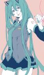  aqua_hair detached_sleeves hatsune_miku lips long_hair necktie pinky_out red_string skirt smile solo twintails very_long_hair vocaloid 