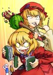  aki_shizuha baseball_bat blonde_hair blue_hair book crazy_eyes eating ebizome fish food fruit glowing glowing_eyes grapes hat highres holding holding_book leaf letty_whiterock lily_white mouth_hold open_book paintbrush syslila teeth tongue touhou uneven_eyes watermelon 