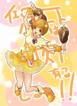  :d boned_meat brown_eyes brown_hair cosplay cure_pine cure_pine_(cosplay) food fresh_precure! highres magical_girl meat nishiuri_warito open_mouth persona persona_4 precure satonaka_chie smile solo 