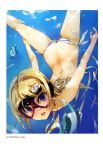  bikini blonde_hair blue_eyes butt_crack diving_mask fish freediving highres maruku ocean original scan striped swimming swimsuit underwater water 
