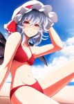 beach bikini blue_hair breasts cloud clouds face hand_on_hat hat hips imizu_(nitro_unknown) lips navel red_bikini red_eyes remilia_scarlet sitting slit_pupils smile solo swimsuit teenage touhou wings 