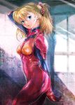  bodysuit brown_hair hand_behind_head highres looking_back neon_genesis_evangelion osamu plugsuit shikinami_asuka_langley skin_tight solo souryuu_asuka_langley 