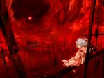  cloud clouds dress fence graveyard moon night red red_eyes red_moon remilia_scarlet sky ton_(pixiv37657) touhou white_hair wings 