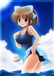  blue_eyes bow breasts brown_hair cloud clouds hair_bow large_breasts minami_shinju one-piece_swimsuit original ponytail sarong school_swimsuit shell short_hair sky solo sparkle submerged swimsuit thighs water wet 