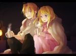  1girl :d ahoge bad_id blanket blonde_hair couple cup edward_elric fullmetal_alchemist mug open_mouth pajamas riru shared_blanket smile winry_rockbell 