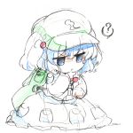  ? backpack bag blue_eyes blue_hair chibi chin_grab flat_gaze frown hair_bobbles hair_ornament hand_on_face hand_on_own_face hat kawashiro_nitori key oka_(artist) oka_(bananashoe) sketch solo thinking touhou traditional_media 