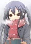  blush breath brown_eyes coat covering_mouth gift gloves holding holding_gift k-on! long_hair mittens nakano_azusa scarf striped striped_scarf twintails winter_clothes yukizuki_chikuba 