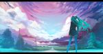  cloud clouds from_behind from_ground gradient green_hair hatsune_miku highres horizon letterboxed long_hair perspective power_lines road scenery sky standing thigh-highs thighhighs twintails vocaloid wallpaper zettai_ryouiki 