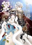  blue_dress cape couple dress earrings flower gloves grey_eyes hair_flower hair_ornament height_difference holding_hands jewelry long_hair pearl_earrings pearl_necklace purple_eyes shiina_satsuki silver_eyes silver_hair soshite_hanayome_wa_koi_wo_shiru sword violet_eyes weapon white_gloves 