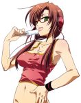    bottomless brown_hair camisole cleavage dripping evangelion:_2.0_you_can_(not)_advance glasses green_eyes hand_on_hip headphones jpeg_artifacts licking long_hair makinami_mari_illustrious mound_of_venus n52 navel neon_genesis_evangelion no_panties popsicle rebuild_of_evangelion simple_background solo taut_shirt tongue twintails wristband 