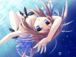  blue_eyes brown_hair bubble down_blouse freediving frilled_bikini frills from_above front-tie_top ina_(artist) long_hair looking_up open_mouth original side-tie_bikini solo swimming swimsuit underwater upside-down water 